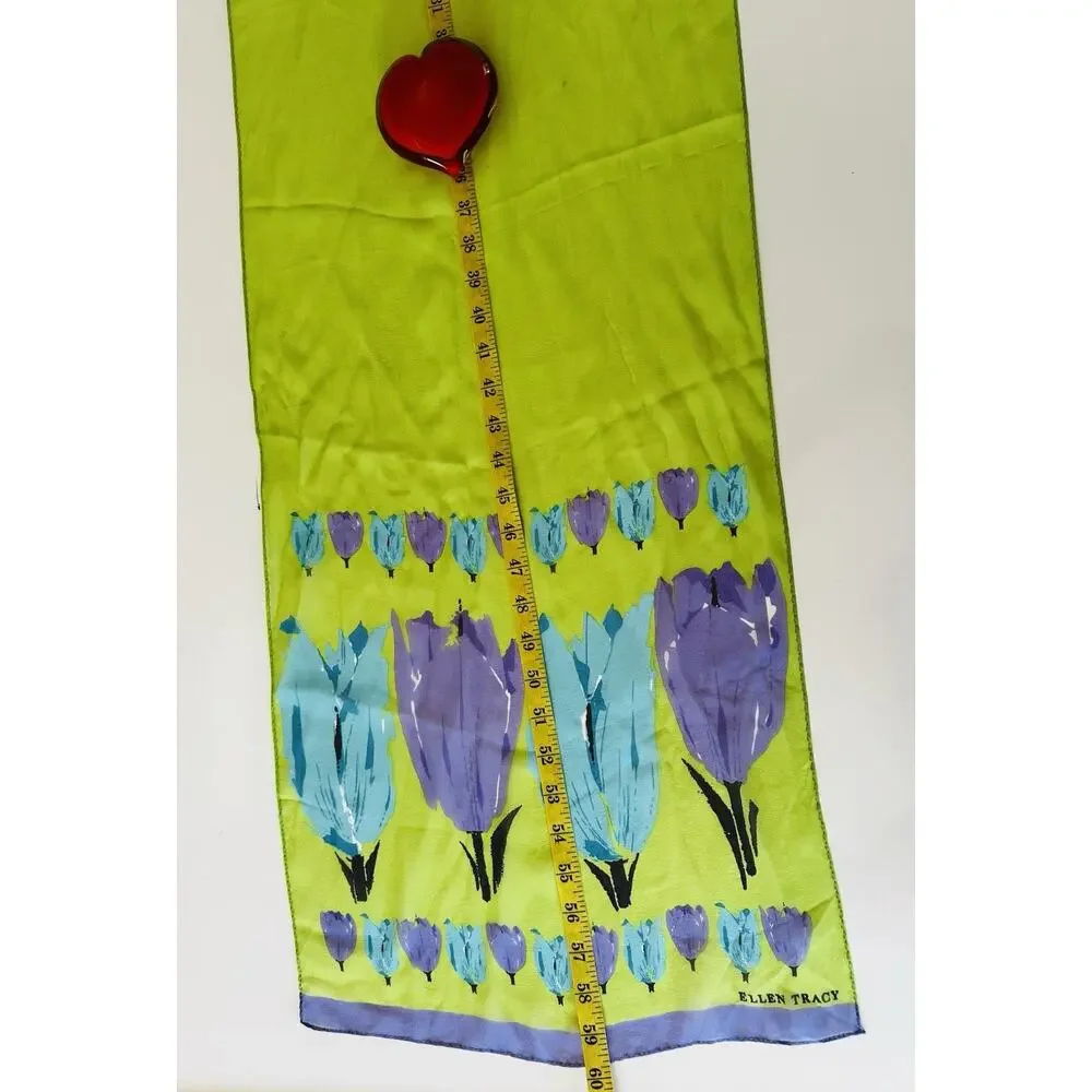 Ellen Tracy 100% Silk Long Scarf Lime Green Purple Floral Lightweight Luxury